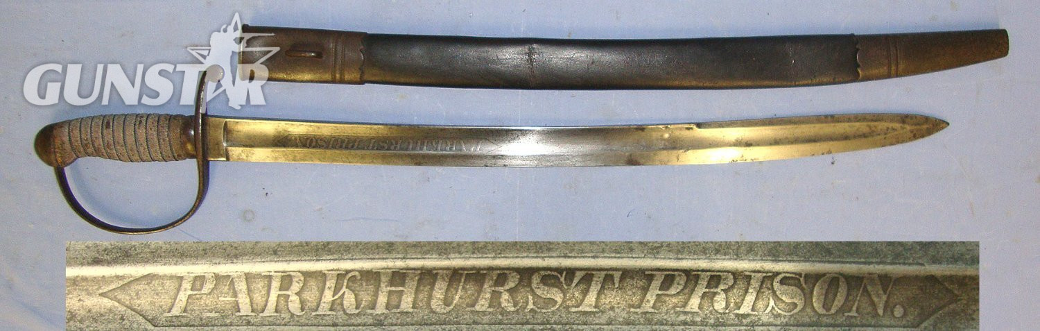 RARE**PARKHURST PRISON **Victorian British Parker Field & Sons London Parkhurst Prison (Isle of Wight) Prison Guard’s Hanger Sidearm Short Sword With Etched Blade ‘Parkhurst Prison’ & Scabbard. ED 3026 Sword in 