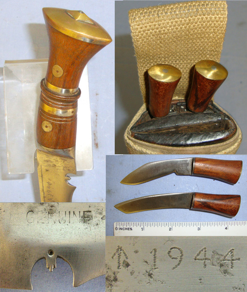 WW2 1944 British Army In India WD Gurkha Kukri, 2 Skinners & Leather Covered Wood Scabbard With Khaki Canvas Field Combat Cover & Leather Laced Webbing Frog Other Blade