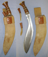 WW2 1944 British Army In India WD Gurkha Kukri, 2 Skinners & Leather Covered Wood Scabbard With Khaki Canvas Field Combat Cover & Leather Laced Webbing Frog Other Blade