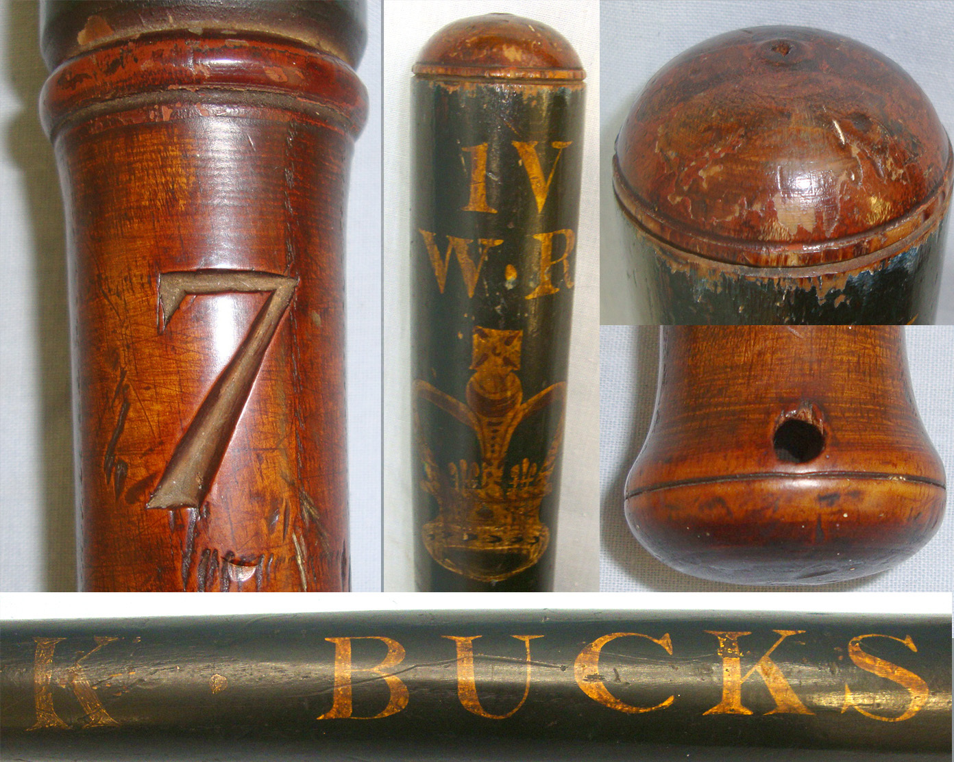 RARE**LARGE**C1835-1837 British William IV ‘K. Bucks’ (K Division Or Weights & Measures Area Buckinghamshire) Number ‘7’ (Constable’s Collar Number) Walnut Tipstaff / Early Police Truncheon With Hand Painted Decoration. Sn 20889  Antique & Militaria