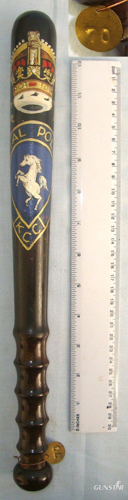 WW1 Era King’s Crown Hiatt & Co Birmingham, Hand Painted ‘KCC’ Kent County Constabulary Special Constables Lignum Vitae Police Truncheon With Collection Number Brass Tag 70** FROM THE GEORGE RALPH LEYLAND COLLECTION OF TRUNCHEONS & TIPSTAFFS** Sn 22812 Antique & Militaria in 