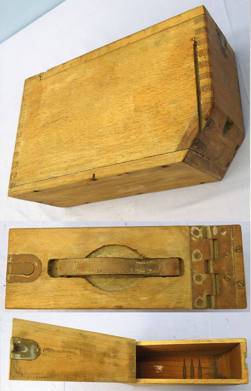 This is a rare American WW1 era wooden ammunition box for the American .30 Cal. M1917 Browning machine gun introduced in World War 1. This finger jointed wooden box has a heavy duty steel hinge which is retained by seven steel screws and a steel pin. The  wooden ammunition box for the American .30 Cal. M1917 Browning machine gun introduced in World War 1. This finger jointed wooden box has a heavy duty steel hinge which is retained by seven steel screws and a steel pin. The steel flush mounted spring loade Other Accessory
