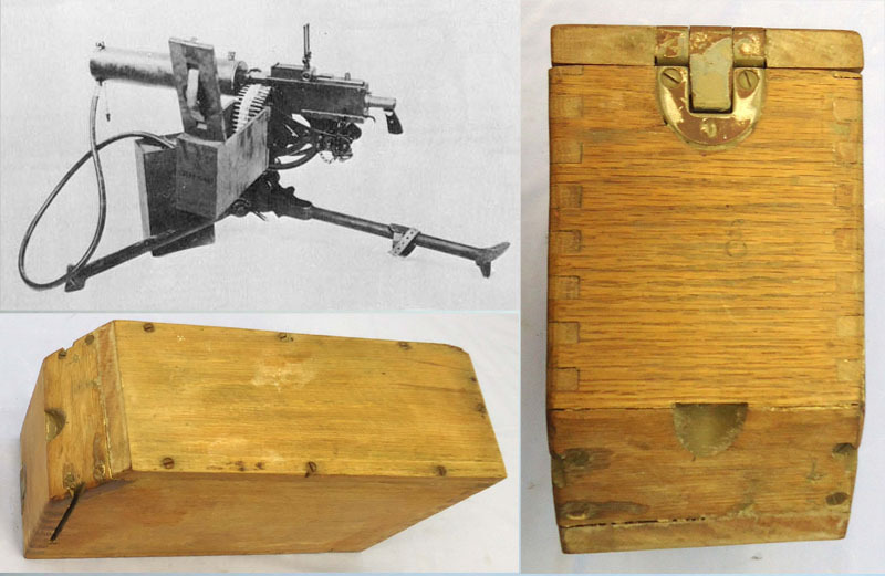  This is a rare American WW1 era wooden ammunition box for the American .30 Cal. M1917 Browning machine gun introduced in World War 1. This finger jointed wooden box has a heavy duty steel hinge which is retained by seven steel screws and a steel pin. The  wooden ammunition box for the American .30 Cal. M1917 Browning machine gun introduced in World War 1. This finger jointed wooden box has a heavy duty steel hinge which is retained by seven steel screws and a steel pin. The steel flush mounted spring loade Other Accessory