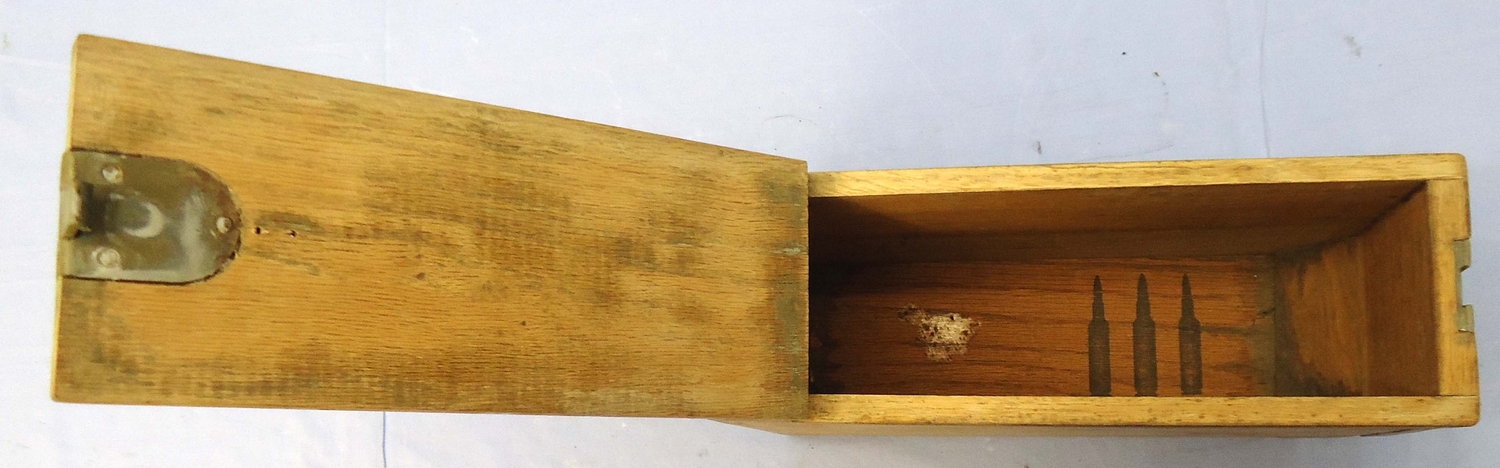 {CATEGORY} - This is a rare American WW1 era wooden ammunition box for the American .30 Cal. M1917 Browning machine gun introduced in World War 1. This finger jointed wooden box has a heavy duty steel hinge which is retained by seven steel screws and a steel pin. The  wooden ammunition box for the American .30 Cal. M1917 Browning machine gun introduced in World War 1. This finger jointed wooden box has a heavy duty steel hinge which is retained by seven steel screws and a steel pin. The steel flush mounted spring loade Other Accessory in 