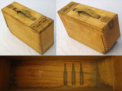 This is a rare American WW1 era wooden ammunition box for the American .30 Cal. M1917 Browning machine gun introduced in World War 1. This finger jointed wooden box has a heavy duty steel hinge which is retained by seven steel screws and a steel pin. The  wooden ammunition box for the American .30 Cal. M1917 Browning machine gun introduced in World War 1. This finger jointed wooden box has a heavy duty steel hinge which is retained by seven steel screws and a steel pin. The steel flush mounted spring loade Other Accessory