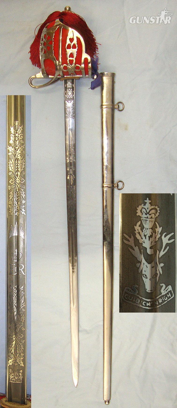SCARCE & DESIRABLE**Pre 1961 QEII British WD Scottish Seaforth Highlanders Staff Sergeants / Officer’s Basket Hilt Broadsword With Etched & Blued Panels Blade & Scabbard. Sn 23484:80 Sword in 