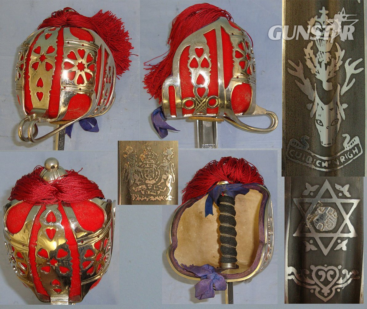 SCARCE & DESIRABLE**Pre 1961 QEII British WD Scottish Seaforth Highlanders Staff Sergeants / Officer’s Basket Hilt Broadsword With Etched & Blued Panels Blade & Scabbard. Sn 23484:80 Sword