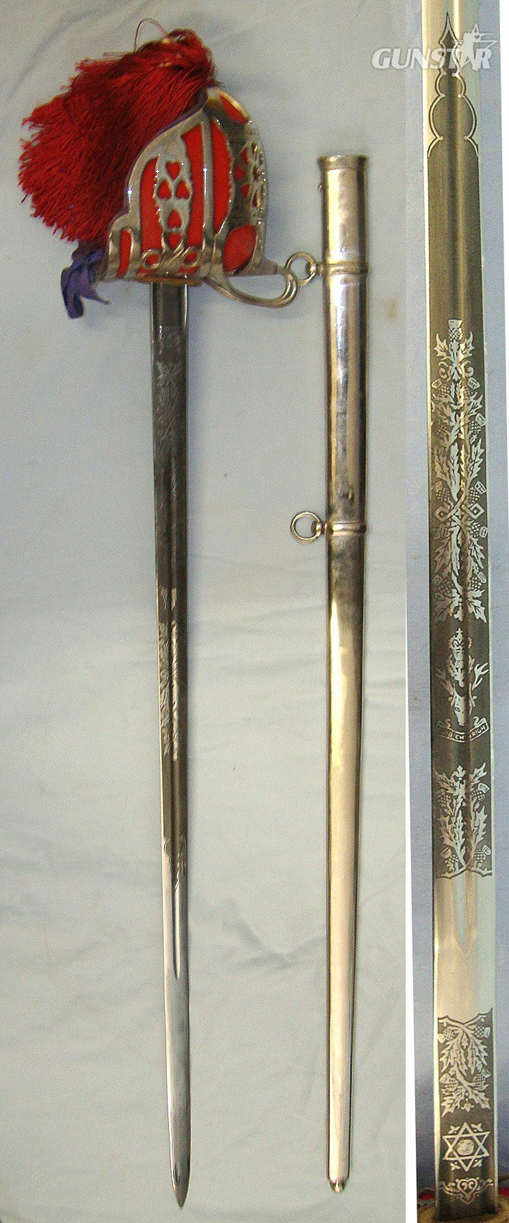  SCARCE & DESIRABLE**Pre 1961 QEII British WD Scottish Seaforth Highlanders Staff Sergeants / Officer’s Basket Hilt Broadsword With Etched & Blued Panels Blade & Scabbard. Sn 23484:80 Sword