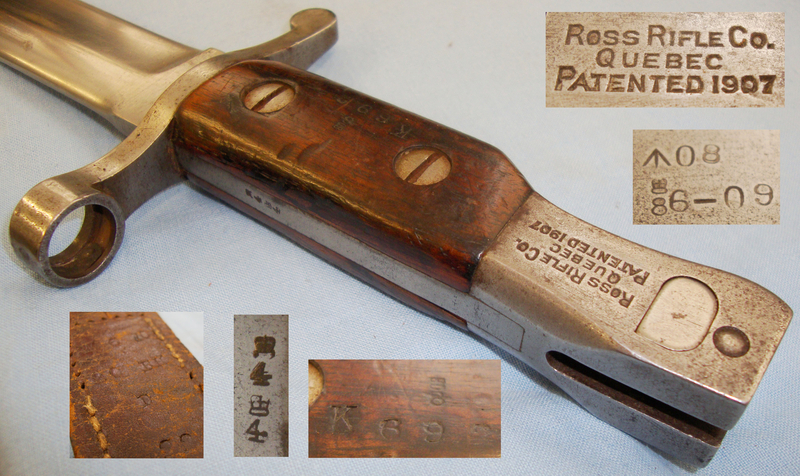 Scarce* WW1 1909 Dated Canadian Ross Mark I, 1908 Patent, Bayonet with Stepped Back Muzzle Ring & Original Blade Tip, Complete With 1909 Dated Scabbard With Integral Frog. Sn 10880:25. Bayonet