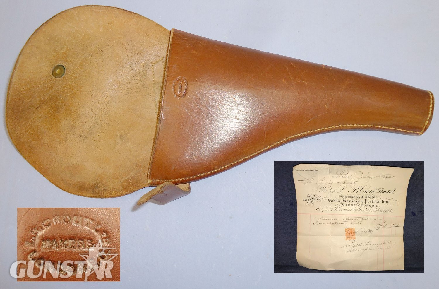 WWI British Officer’s Sam Browne Leather Holster for Webley .455 Service Revolvers by L.B. Crout Ltd London. L 274. WWI British Officer’s Sam Browne Leather Holster for Webley .455 Service Revolvers by L.B. Crout Ltd London. L 274.  Antique & Militaria