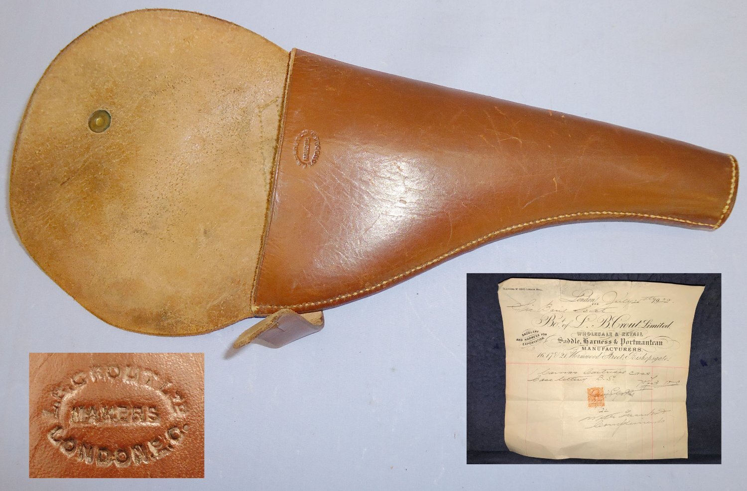 WWI British Officer’s Sam Browne Leather Holster for Webley .455 Service Revolvers by L.B. Crout Ltd London. L 274. WWI British Officer’s Sam Browne Leather Holster for Webley .455 Service Revolvers by L.B. Crout Ltd London. L 274.  Antique & Militaria