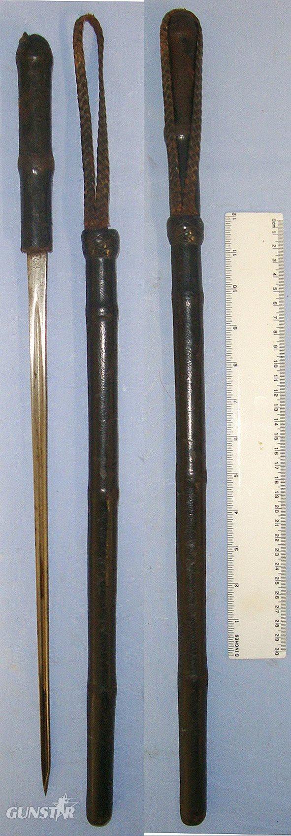 Boer War Era British Officer’s Brown Leather Covered Swagger Sword Stick With German W.R. Kirschbaum & Co (Later WKC) Solingen Triangular Section Blade With Plaited Leather Retaining / Wrist Strap. Sn 23182 Sword in 