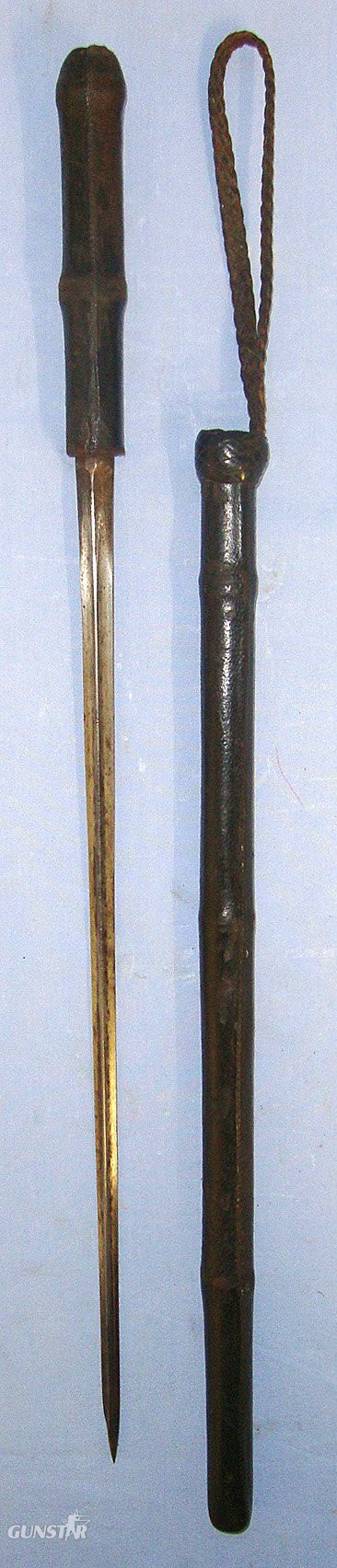  Boer War Era British Officer’s Brown Leather Covered Swagger Sword Stick With German W.R. Kirschbaum & Co (Later WKC) Solingen Triangular Section Blade With Plaited Leather Retaining / Wrist Strap. Sn 23182 Sword