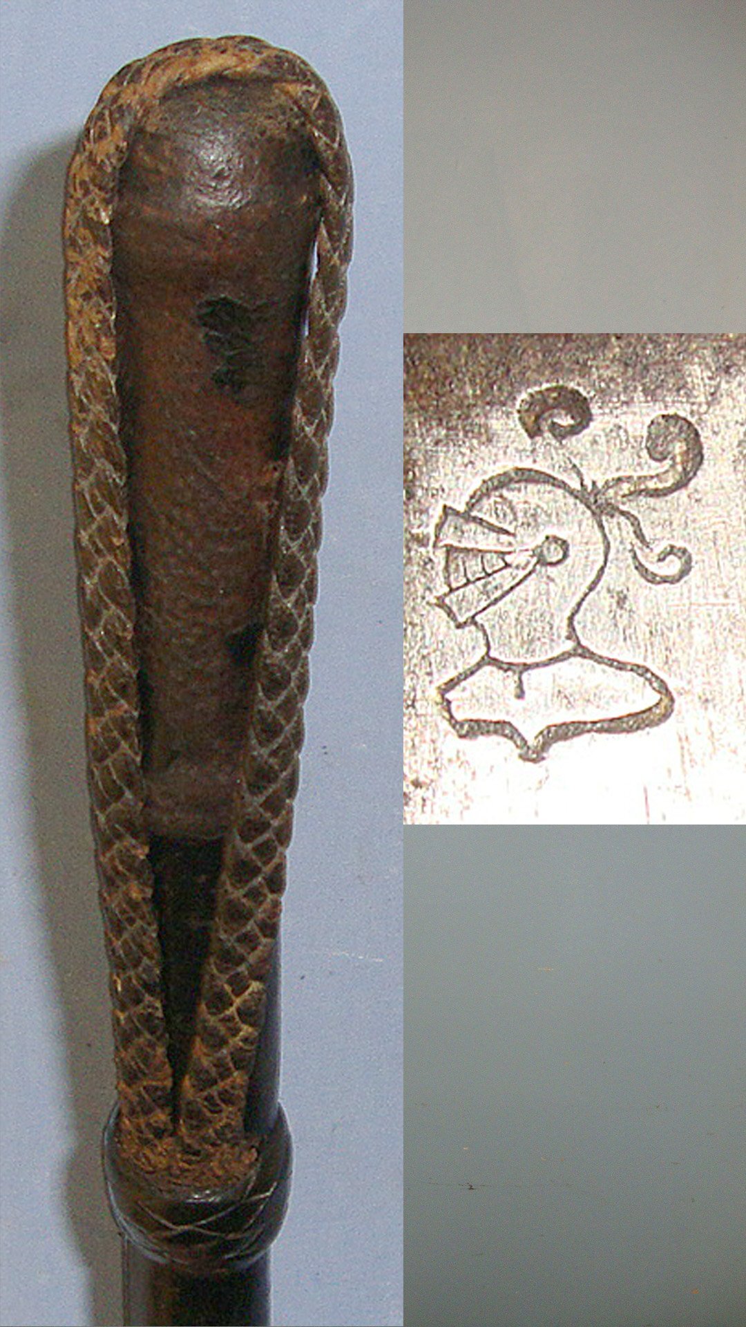 Boer War Era British Officer’s Brown Leather Covered Swagger Sword Stick With German W.R. Kirschbaum & Co (Later WKC) Solingen Triangular Section Blade With Plaited Leather Retaining / Wrist Strap. Sn 23182 Sword