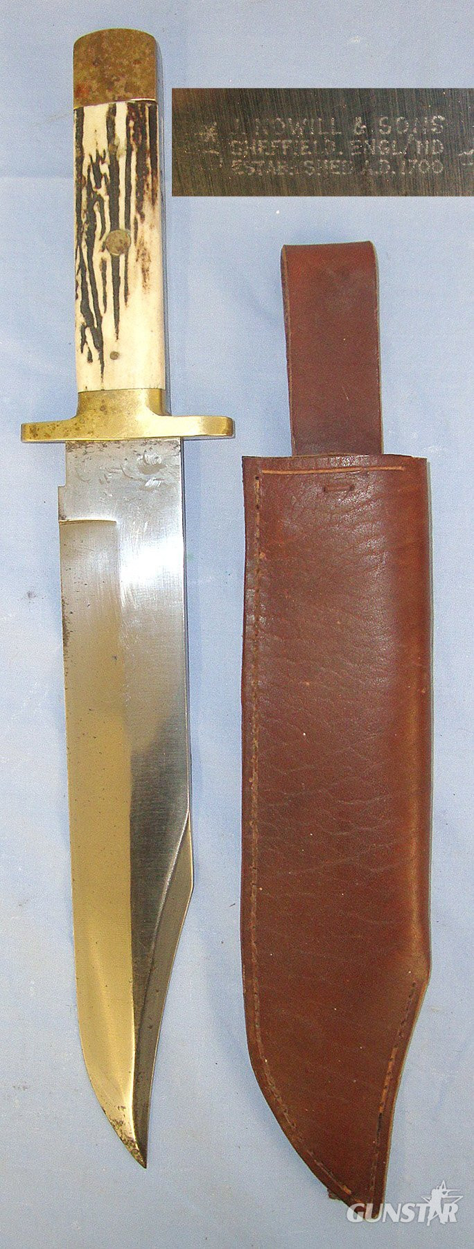 Large**John Nowill & Sons, Sheffield Bowie knife With Stag Antler Hilt Scales & Scabbard. Sn 23389  Knive in 