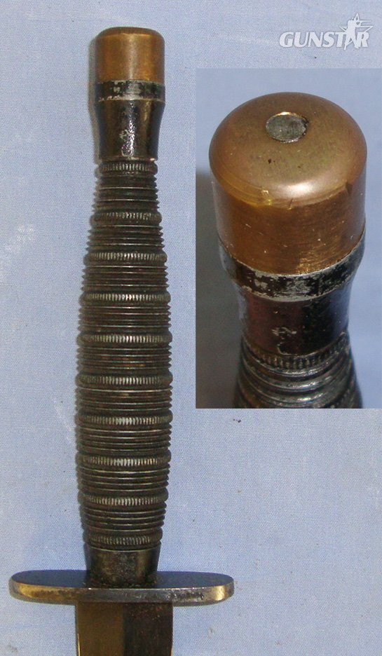 VERY RARE**TEN ROPED RINGS VARIANT**WW2 British Officer’s Private Purchase Ribbed & Roped Alloy Handle Fairbairn Sykes FS Commando Fighting Knife & Scabbard. Sn 21967:3 Knive in 