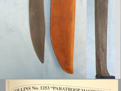 RARE** Sterile WW2 U.S. Collins No. 1253 Type 1 Paratroop & Office Of Strategic Command (O.S.S. Special Forces) Machete With Wrist Cord & Original Leather Scabbard With Integral Frog. Sn 23399 Knive