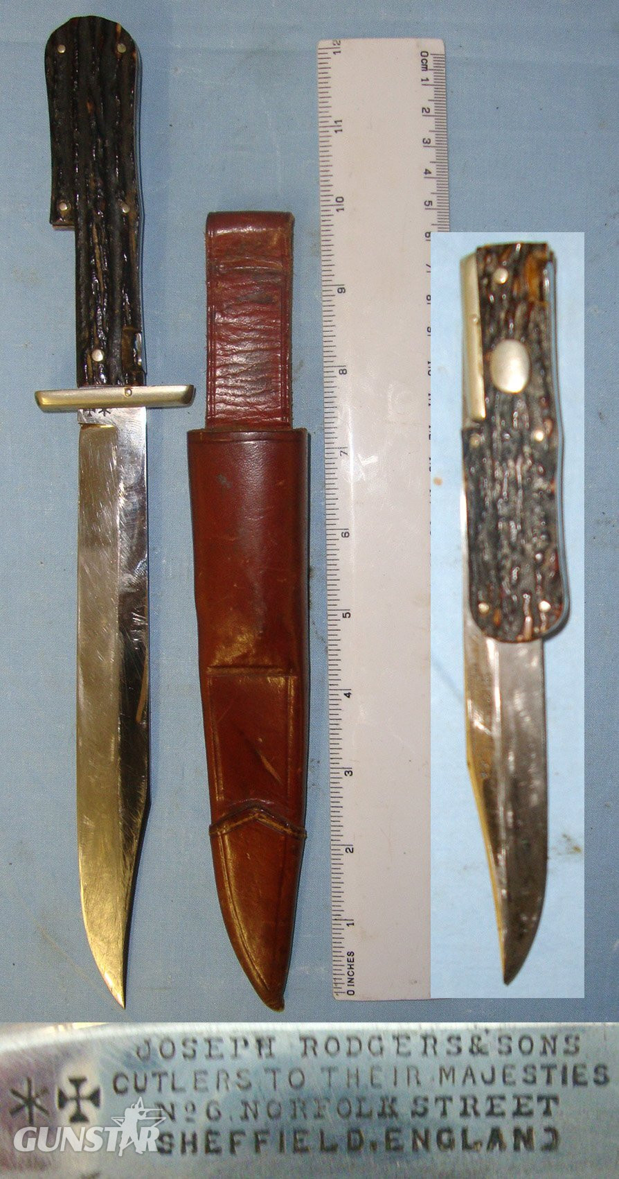 Victorian Joseph Rodgers & Sons 6 Norfolk Street, Sheffield Cutlers To Their Majesties Folding Bowie Knife With Stag Antler Scales, German Silver Fittings & Leather Scabbard. Sn 22371 Knive in 