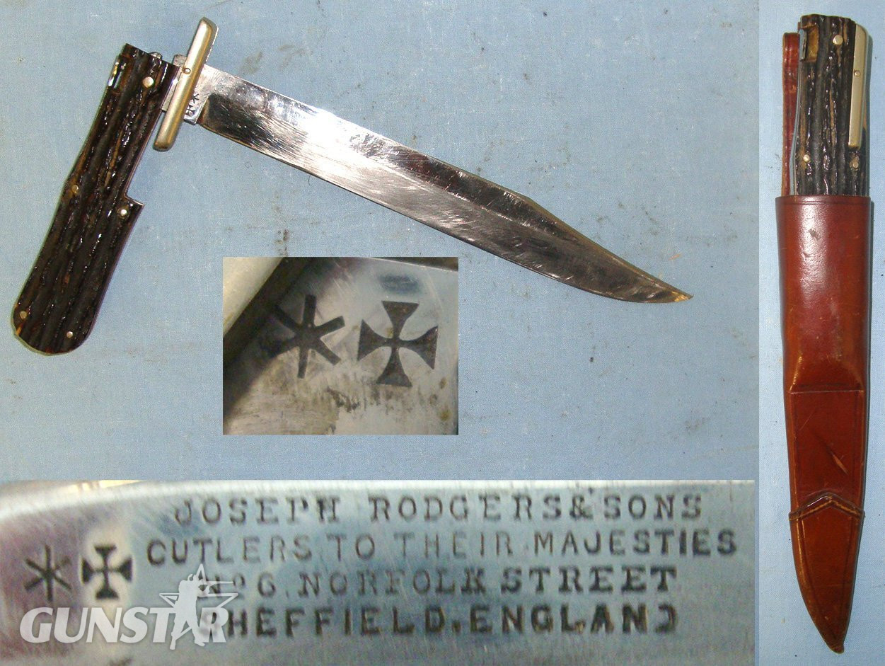Victorian Joseph Rodgers & Sons 6 Norfolk Street, Sheffield Cutlers To Their Majesties Folding Bowie Knife With Stag Antler Scales, German Silver Fittings & Leather Scabbard. Sn 22371 Knive