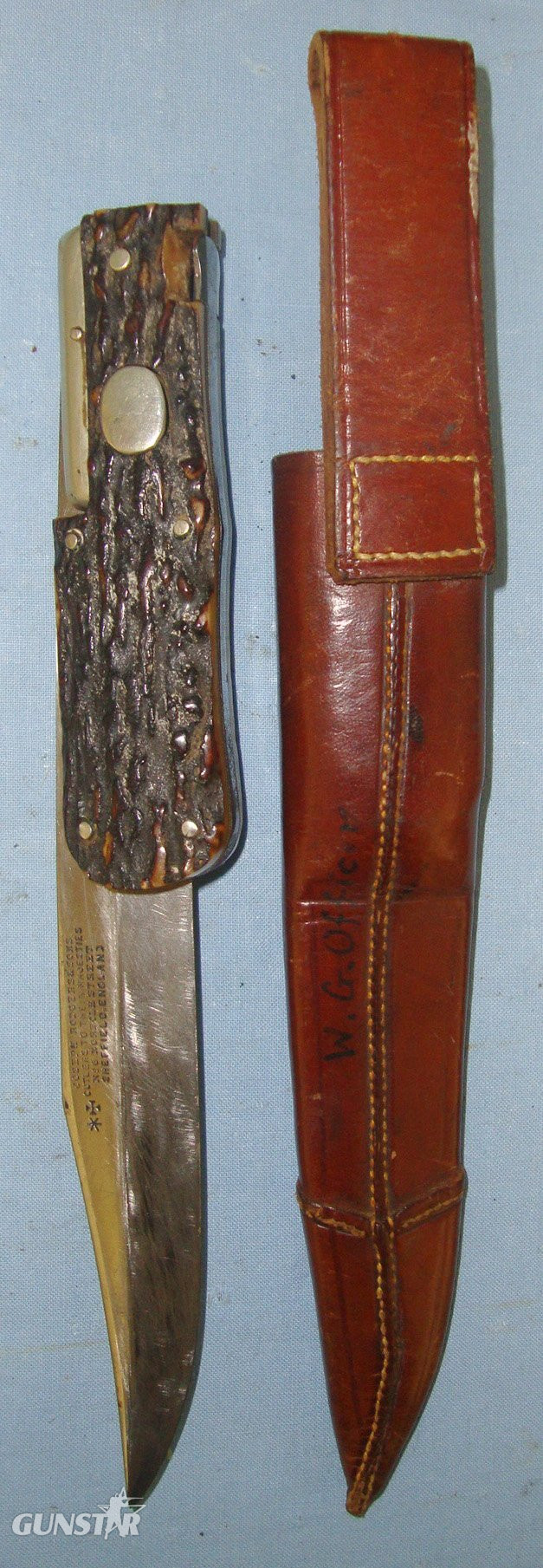  Victorian Joseph Rodgers & Sons 6 Norfolk Street, Sheffield Cutlers To Their Majesties Folding Bowie Knife With Stag Antler Scales, German Silver Fittings & Leather Scabbard. Sn 22371 Knive