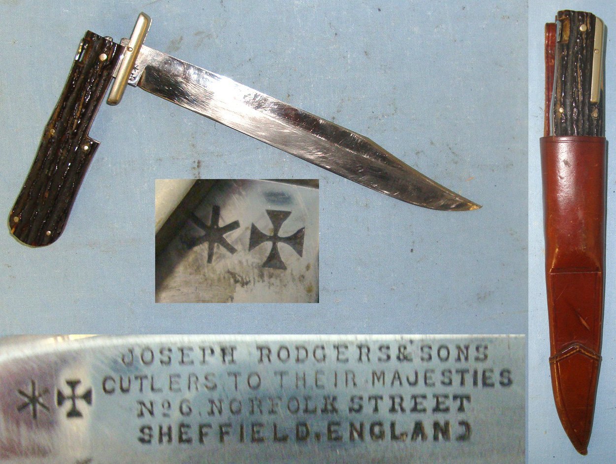 Victorian Joseph Rodgers & Sons 6 Norfolk Street, Sheffield Cutlers To Their Majesties Folding Bowie Knife With Stag Antler Scales, German Silver Fittings & Leather Scabbard. Sn 22371 Knive