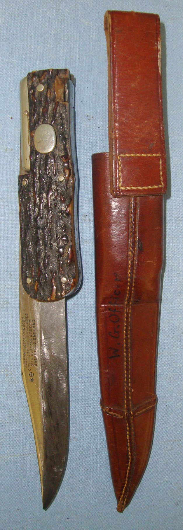  Victorian Joseph Rodgers & Sons 6 Norfolk Street, Sheffield Cutlers To Their Majesties Folding Bowie Knife With Stag Antler Scales, German Silver Fittings & Leather Scabbard. Sn 22371 Knive