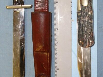Victorian Joseph Rodgers & Sons 6 Norfolk Street, Sheffield Cutlers To Their Majesties Folding Bowie Knife With Stag Antler Scales, German Silver Fittings & Leather Scabbard. Sn 22371 Knive