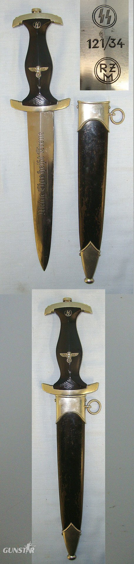 RARE**ORIGINAL**1934 Dated WW2 Era Nazi German RZM 121/34 1933 Pattern SS Man’s Dagger With SS Runes, Motto Etched Blade & Scabbard. Sn 23247  Dagger in 