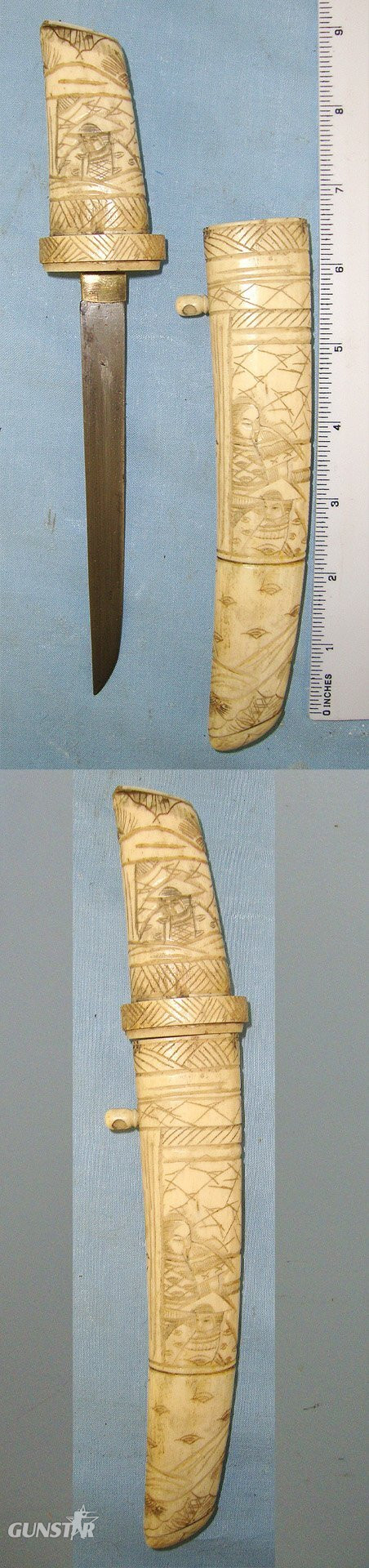 Victorian Era Japanese Tourist Export Tanto Dagger With Ornately Hand Carved Ox Bone Handle & Scabbard. Sn 23362 Dagger in 