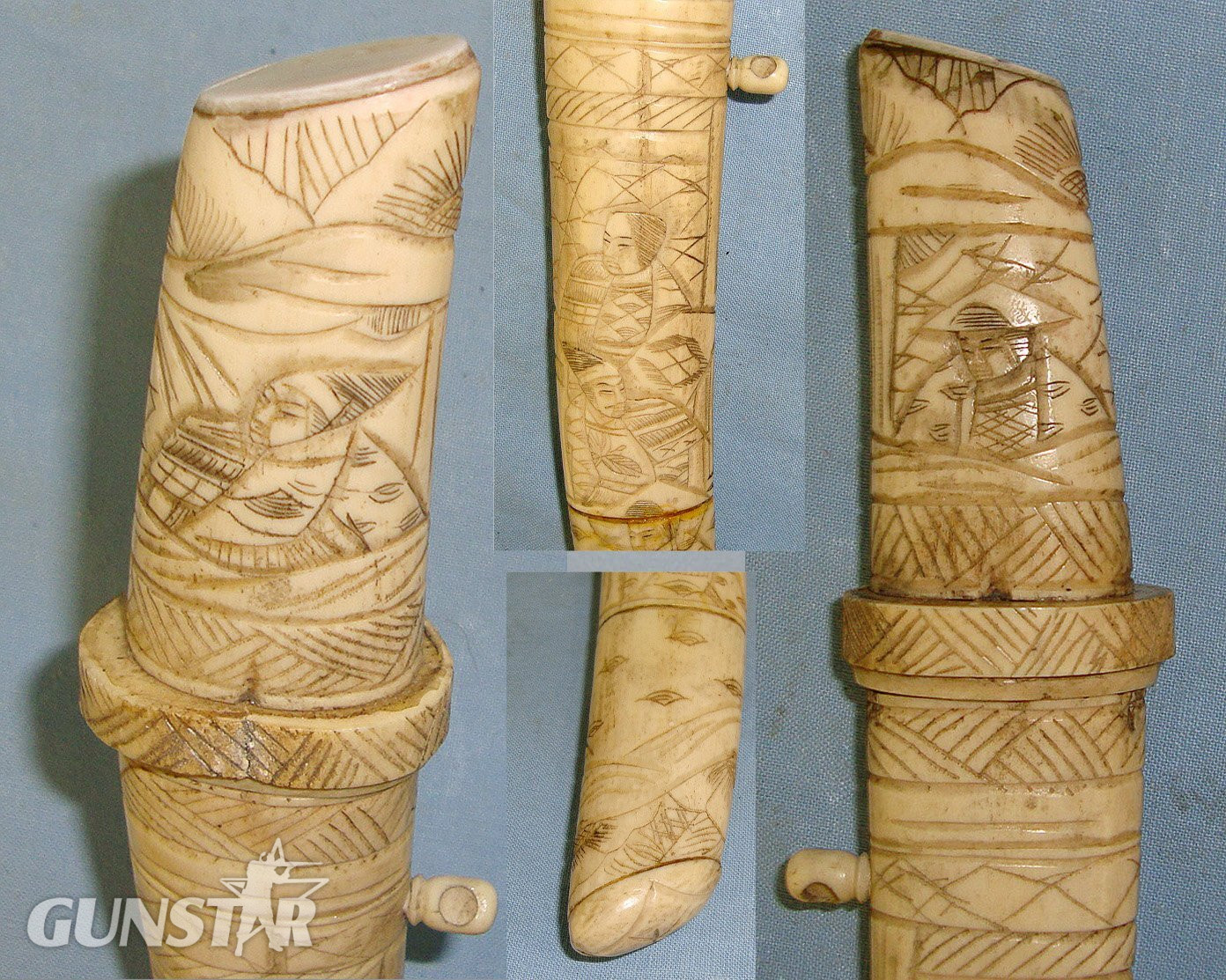 Victorian Era Japanese Tourist Export Tanto Dagger With Ornately Hand Carved Ox Bone Handle & Scabbard. Sn 23362 Dagger