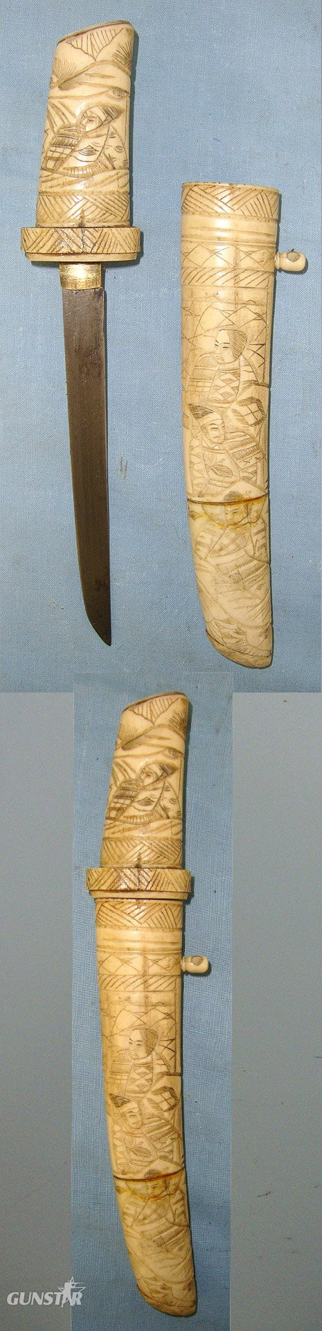  Victorian Era Japanese Tourist Export Tanto Dagger With Ornately Hand Carved Ox Bone Handle & Scabbard. Sn 23362 Dagger