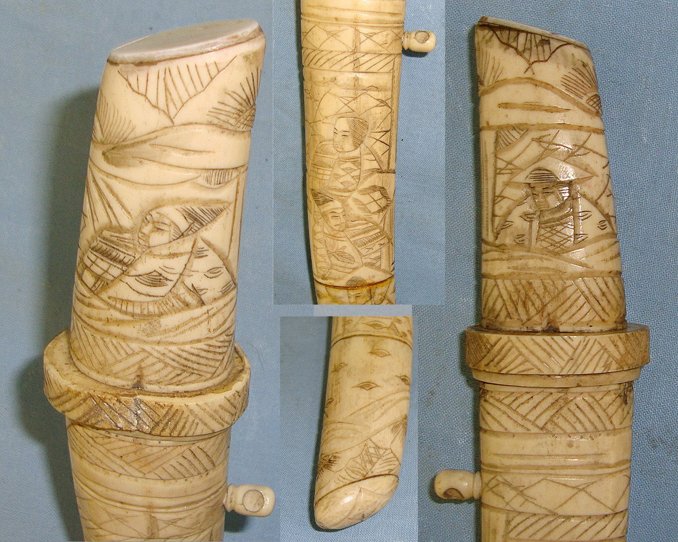 Victorian Era Japanese Tourist Export Tanto Dagger With Ornately Hand Carved Ox Bone Handle & Scabbard. Sn 23362 Dagger