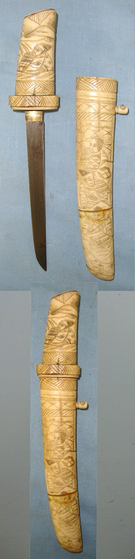  Victorian Era Japanese Tourist Export Tanto Dagger With Ornately Hand Carved Ox Bone Handle & Scabbard. Sn 23362 Dagger