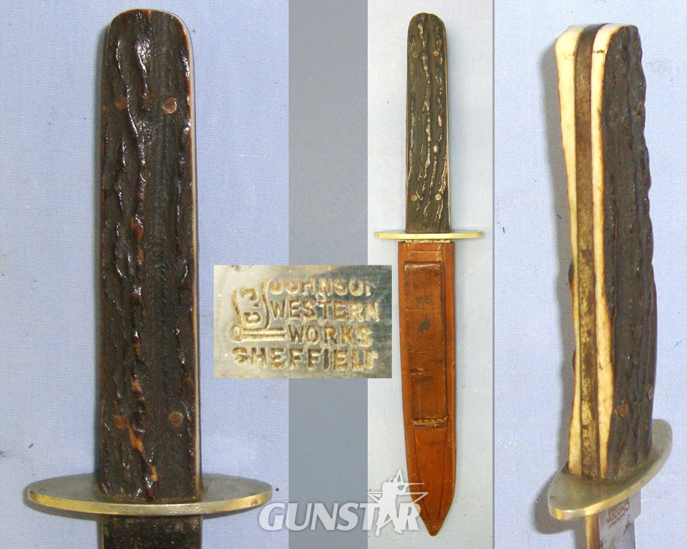 Victorian Christopher Johnson & Co Western Works Sheffield Spear Bowie Belt Dagger With Stag Antler Scales & Open Top Leather Scabbard. Sn 22965 Knive