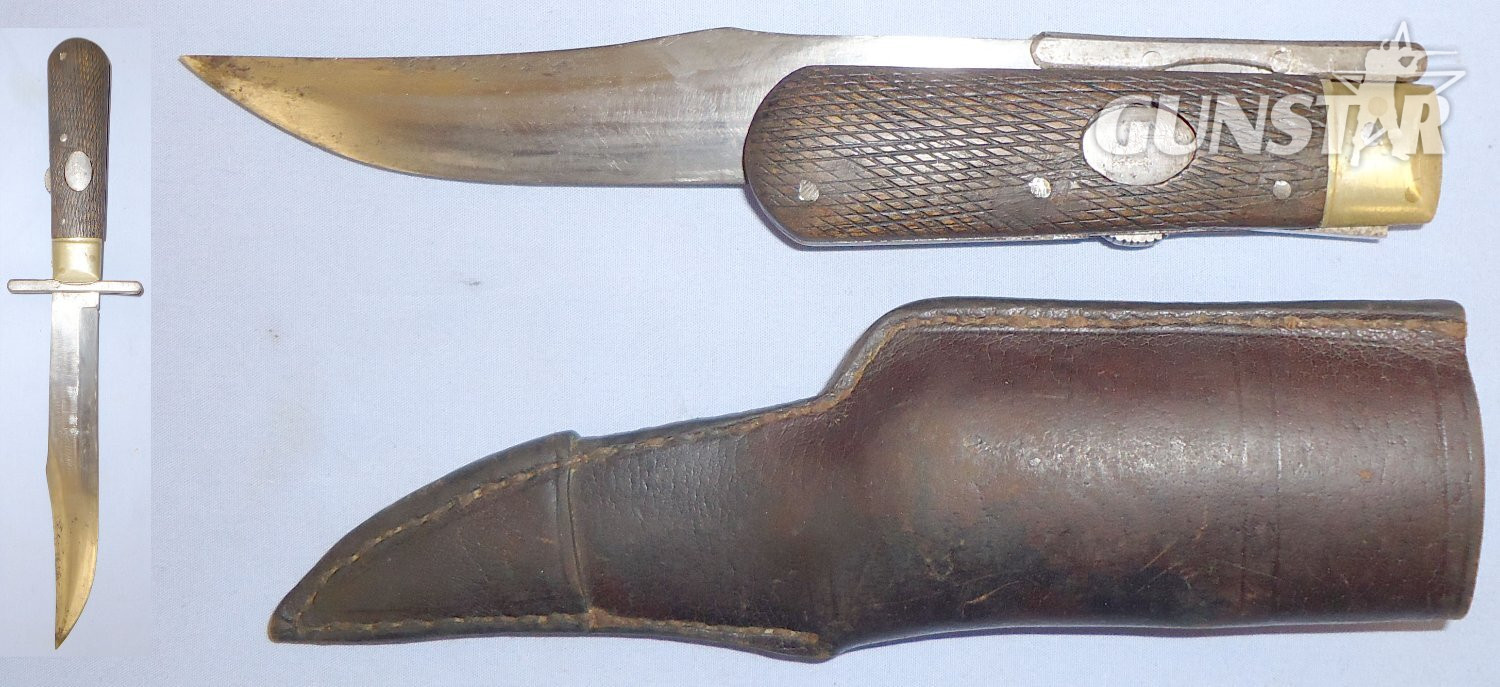 Victorian Folding Bowie Knife with Open Top Leather Sheath. 22329. Hunting Knive in 