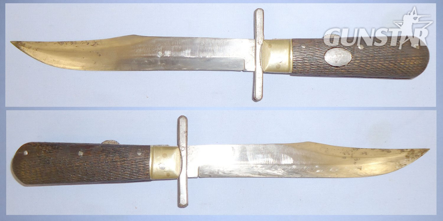  Victorian Folding Bowie Knife with Open Top Leather Sheath. 22329. Hunting Knive