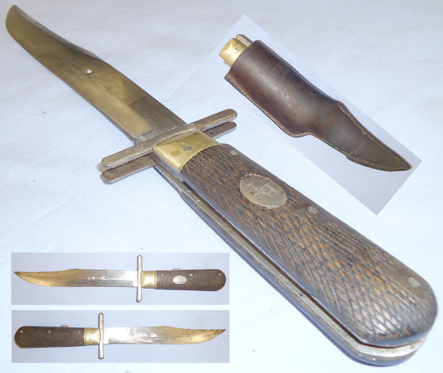 Victorian Folding Bowie Knife with Open Top Leather Sheath. 22329. Hunting Knive