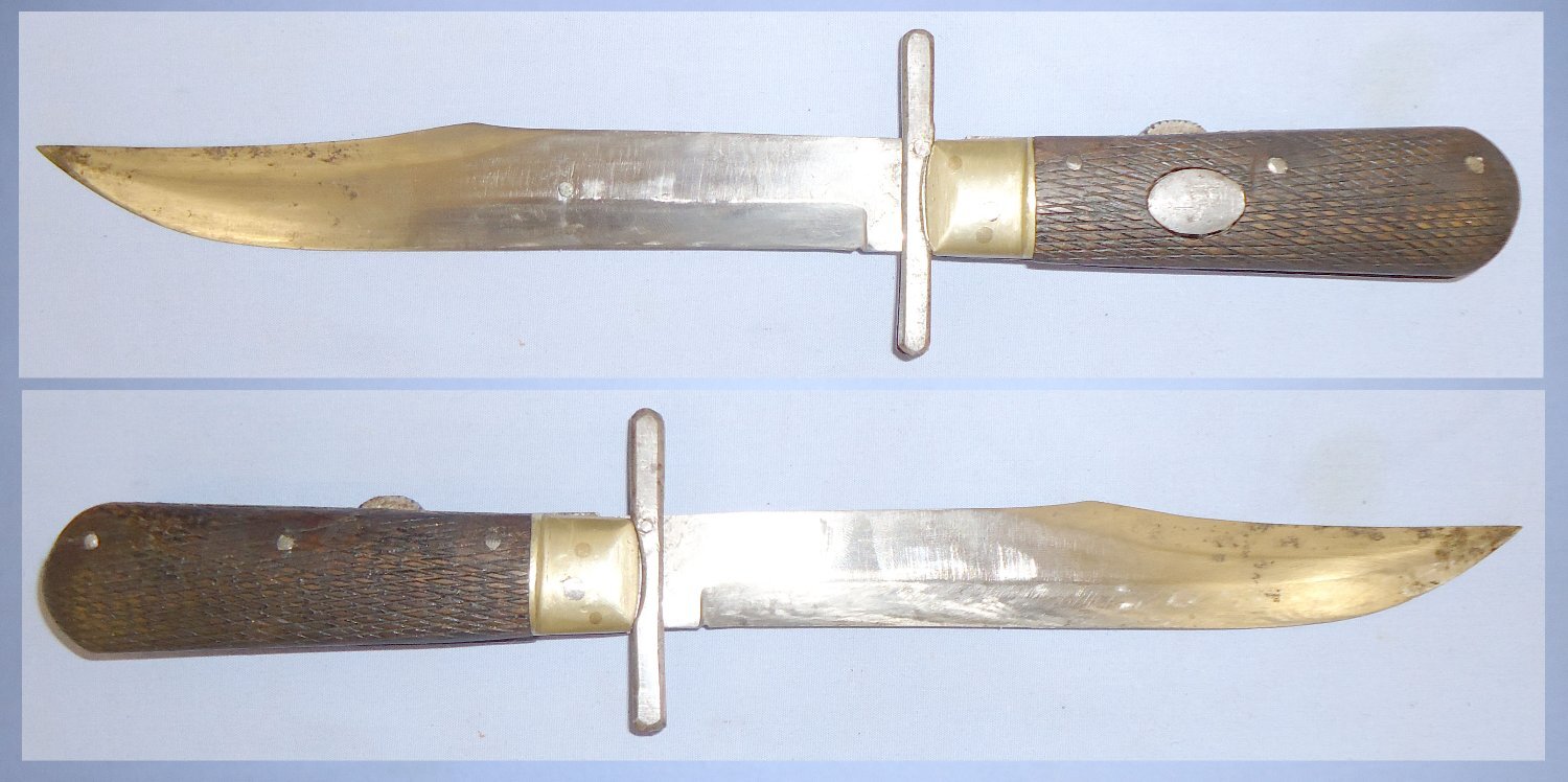  Victorian Folding Bowie Knife with Open Top Leather Sheath. 22329. Hunting Knive