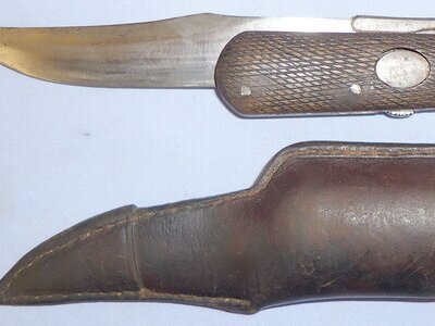 Victorian Folding Bowie Knife with Open Top Leather Sheath. 22329. Hunting Knive