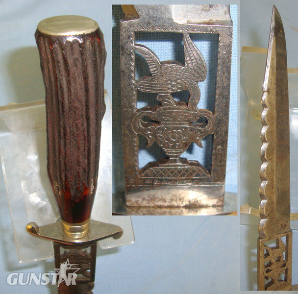 19th Century Italian Form Hunting Knife / Dirk With Stag Antler Hilt, Pierced Blade & German Silver Fittings. Sn 18269. Hunting Knive