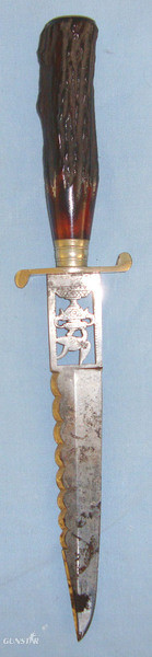  19th Century Italian Form Hunting Knife / Dirk With Stag Antler Hilt, Pierced Blade & German Silver Fittings. Sn 18269. Hunting Knive