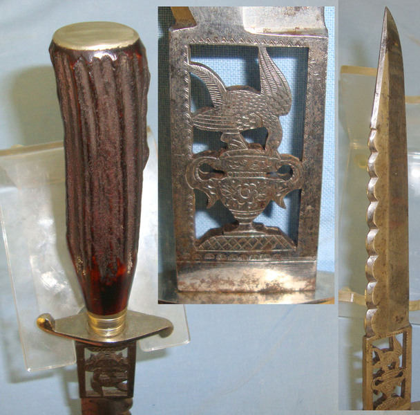 19th Century Italian Form Hunting Knife / Dirk With Stag Antler Hilt, Pierced Blade & German Silver Fittings. Sn 18269. Hunting Knive