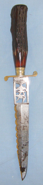  19th Century Italian Form Hunting Knife / Dirk With Stag Antler Hilt, Pierced Blade & German Silver Fittings. Sn 18269. Hunting Knive