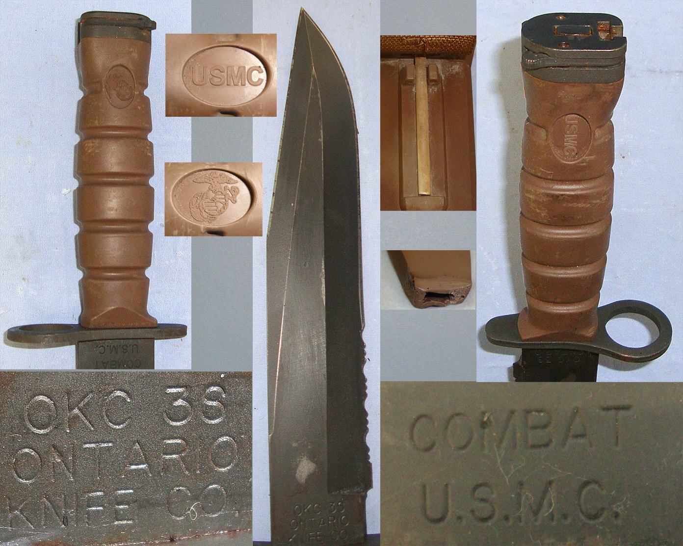 Post 2002 Current USMC Issue, Ontario Knife Company Model OKC-3S Knife Bayonet For Use On The NATO U.S. M16 assault rifle And Military Combat Shotguns With Scabbard & Field Adapted Webbing Belt Assembly. Sn 23546 Bayonet