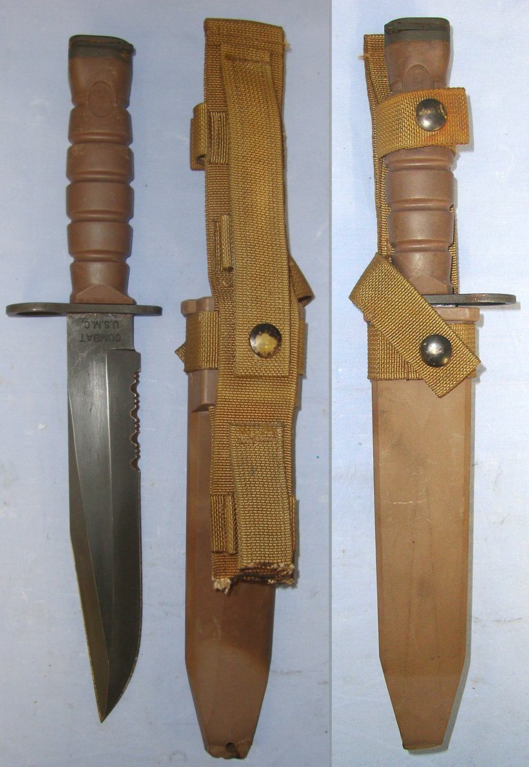  Post 2002 Current USMC Issue, Ontario Knife Company Model OKC-3S Knife Bayonet For Use On The NATO U.S. M16 assault rifle And Military Combat Shotguns With Scabbard & Field Adapted Webbing Belt Assembly. Sn 23546 Bayonet