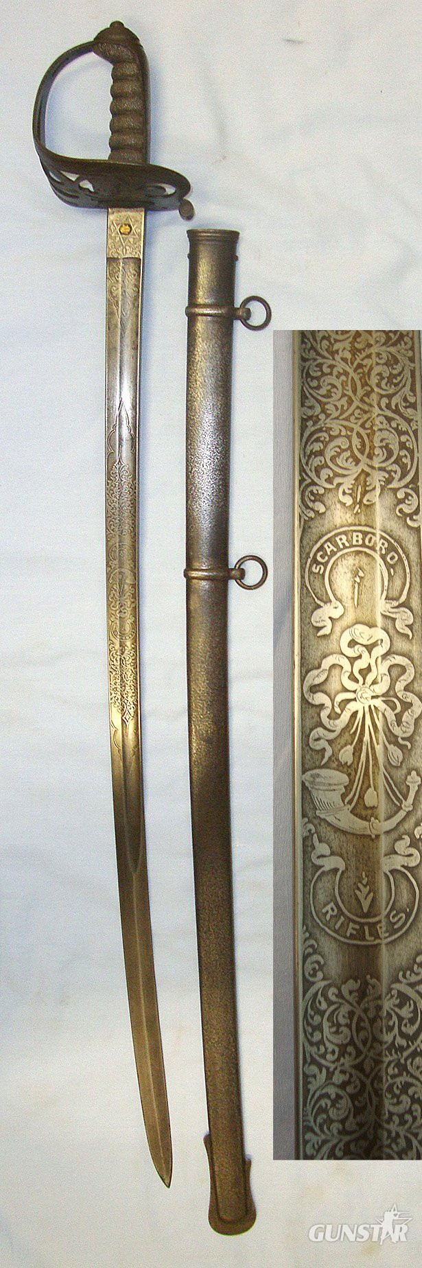 Victorian, British Ordnance Scarboro Rifles (Scarborough North Yorkshire) Pattern 1827 Volunteer Rifle Brigade Officer's Sword With Etched Blade By Hart & Hill, Scarboro & Scabbard. Sn 23156 Sword in 