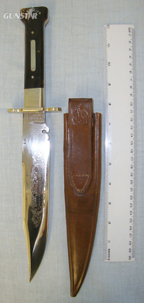Large Fred James Sheffield Hand Made \'America Land Of The Free & Home Of The Brave \' Bowie Knife With Etched Blade, Polished Horn Scales & Leather Scabbard Knive in 