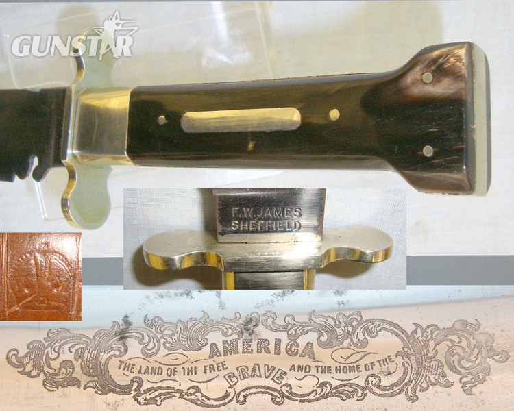 Large Fred James Sheffield Hand Made \'America Land Of The Free & Home Of The Brave \' Bowie Knife With Etched Blade, Polished Horn Scales & Leather Scabbard Knive