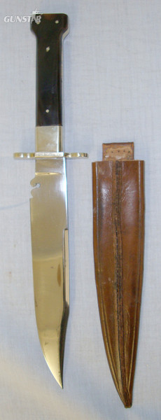  Large Fred James Sheffield Hand Made \'America Land Of The Free & Home Of The Brave \' Bowie Knife With Etched Blade, Polished Horn Scales & Leather Scabbard Knive