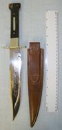 Large Fred James Sheffield Hand Made \'America Land Of The Free & Home Of The Brave \' Bowie Knife With Etched Blade, Polished Horn Scales & Leather Scabbard Knive
